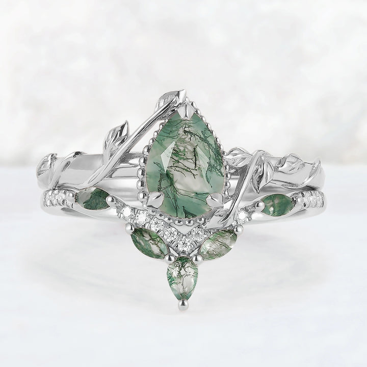 Iver Jewelry Nature Pear Shaped Moss Agate Leaf Gemstone Ring Set 2pcs