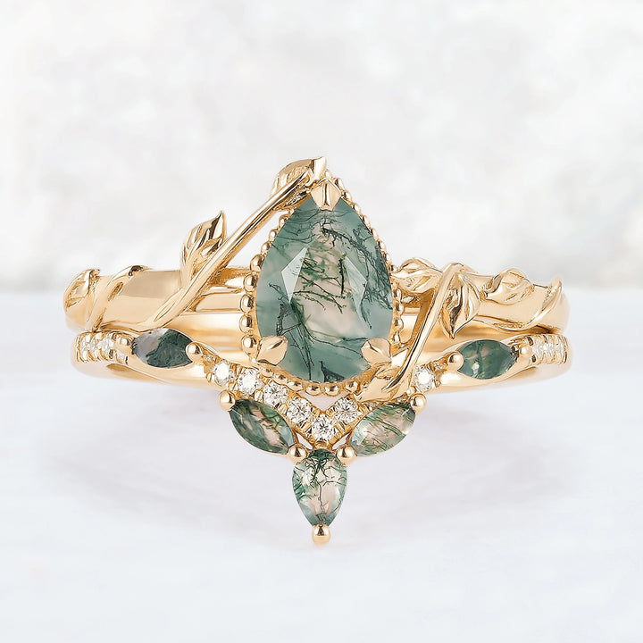 Iver Jewelry Nature Pear Shaped Moss Agate Leaf Gemstone Ring Set 2pcs
