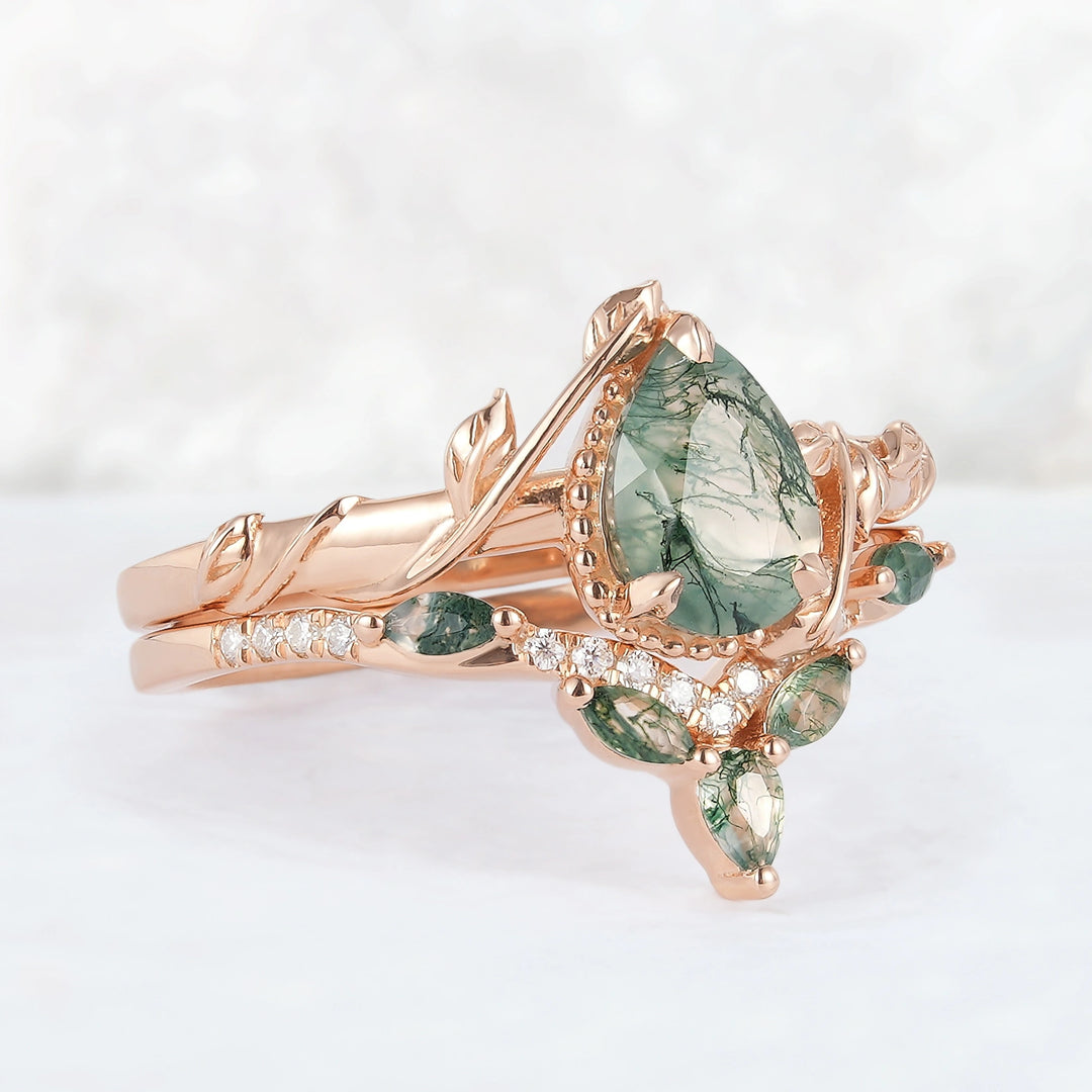 Iver Jewelry Nature Pear Shaped Moss Agate Leaf Gemstone Ring Set 2pcs