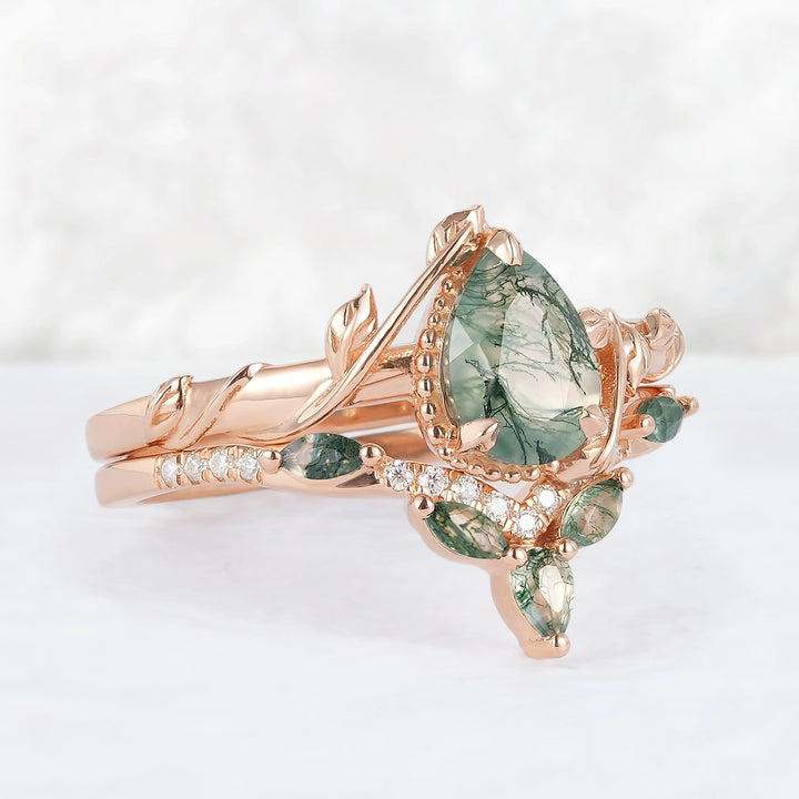 Iver Jewelry Nature Pear Shaped Moss Agate Leaf Gemstone Ring Set 2pcs