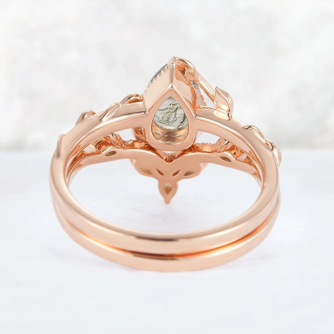 Iver Jewelry Nature Pear Shaped Moss Agate Leaf Gemstone Ring Set 2pcs