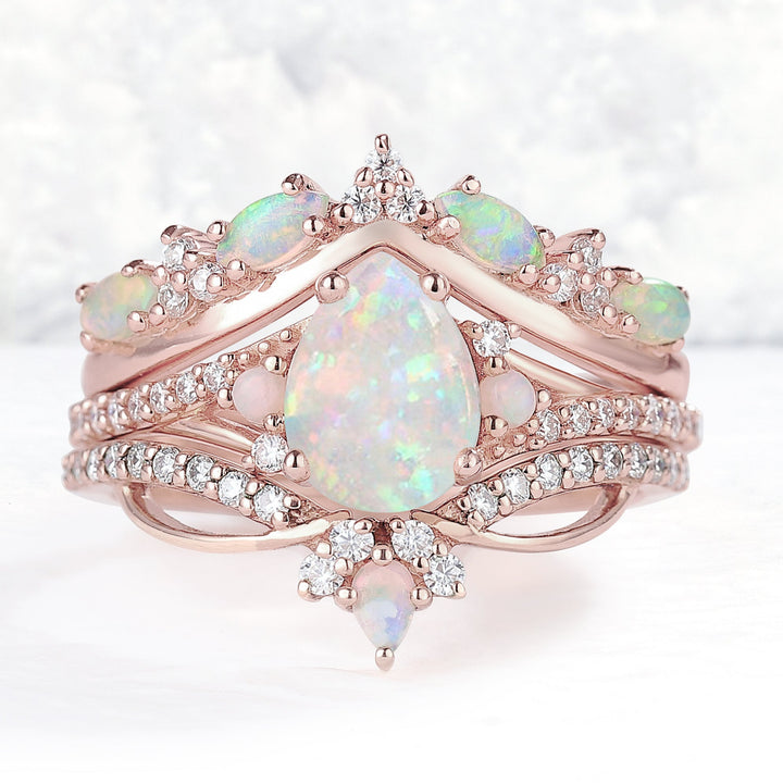 Iver Jewelry Nature Pear Shaped Opal Vine Engagement Ring Set 3pcs