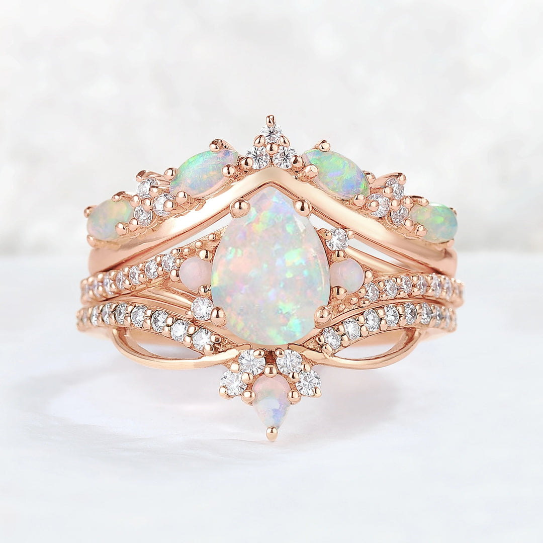 Iver Jewelry Nature Pear Shaped Opal Vine Gemstone Ring Set 3pcs