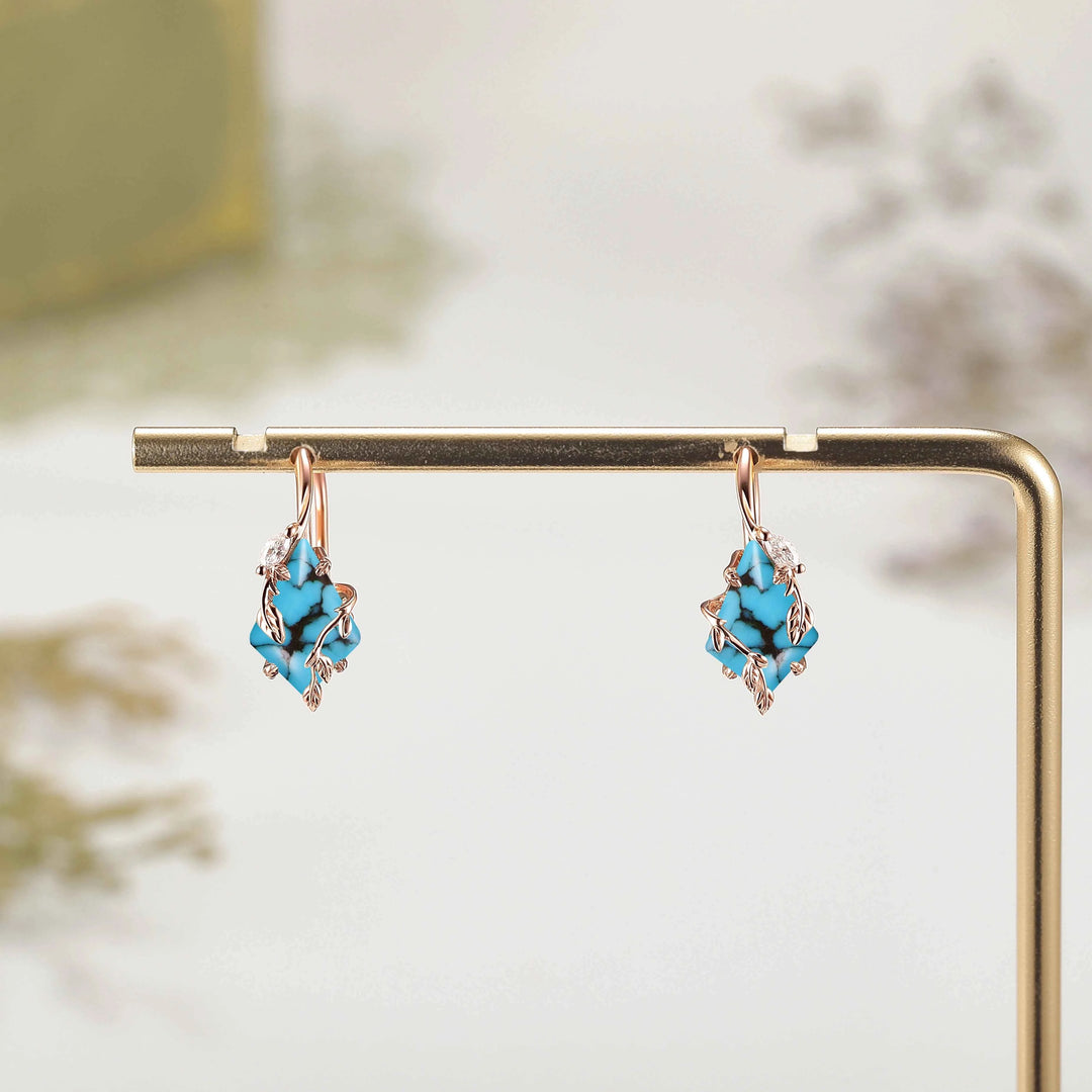 Kite Cut Turquoise Leafy Earrings Anniversary Gift for Her