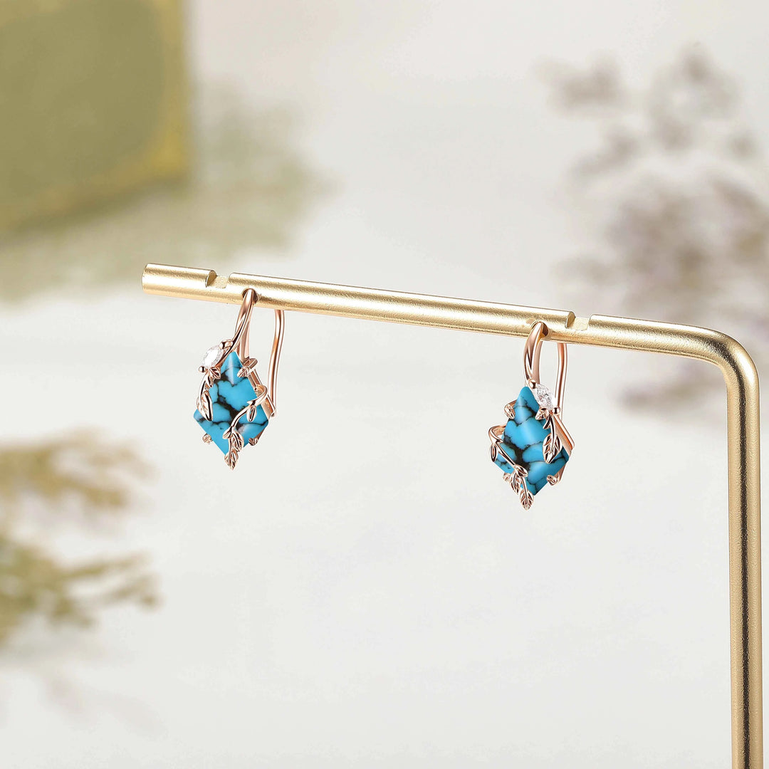 Kite Cut Turquoise Leafy Earrings Anniversary Gift for Her