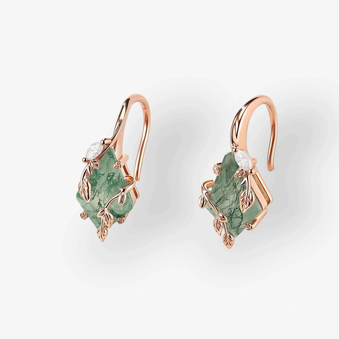 Unique Kite Cut Moss Agate Leafy Earrings Gift for Her