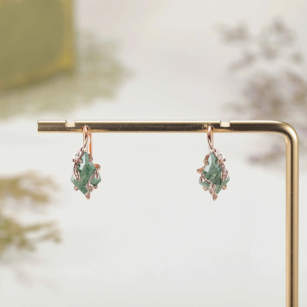 Unique Kite Cut Moss Agate Leafy Earrings Gift for Her