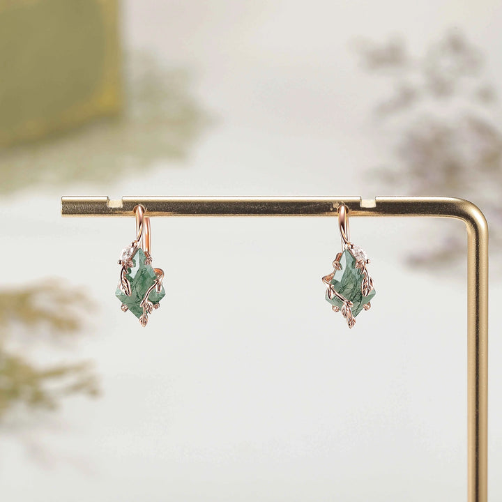 Unique Kite Cut Moss Agate Leafy Earrings Gift for Her
