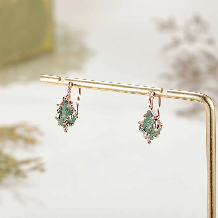 Unique Kite Cut Moss Agate Leafy Earrings Gift for Her