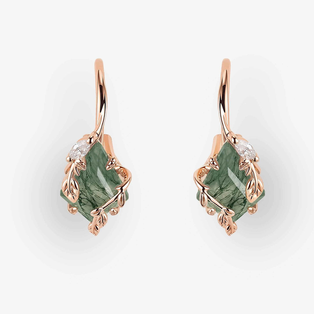 Unique Kite Cut Moss Agate Leafy Earrings Gift for Her
