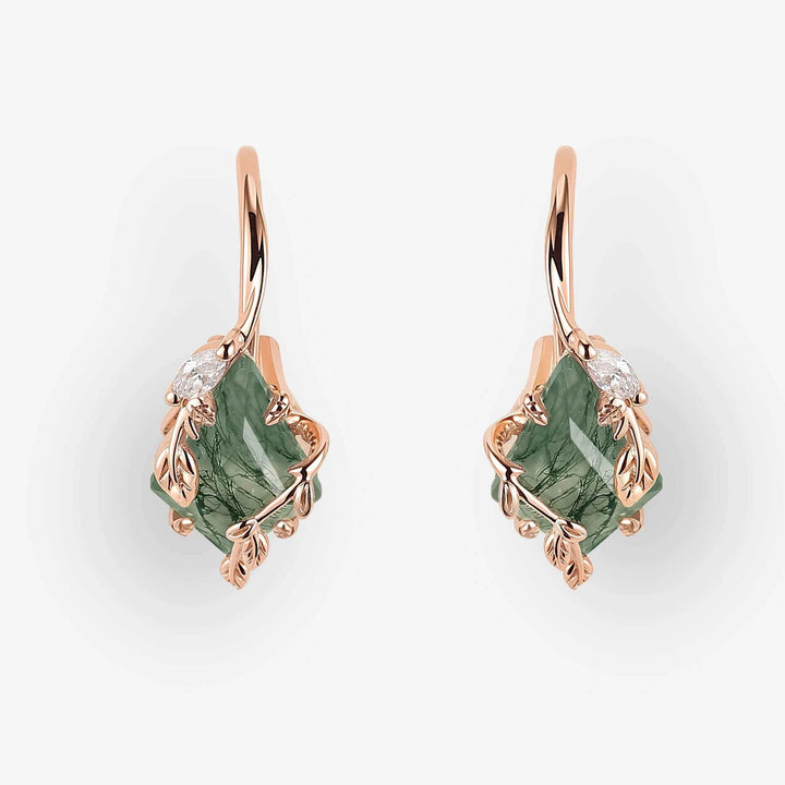 Unique Kite Cut Moss Agate Leafy Earrings Gift for Her