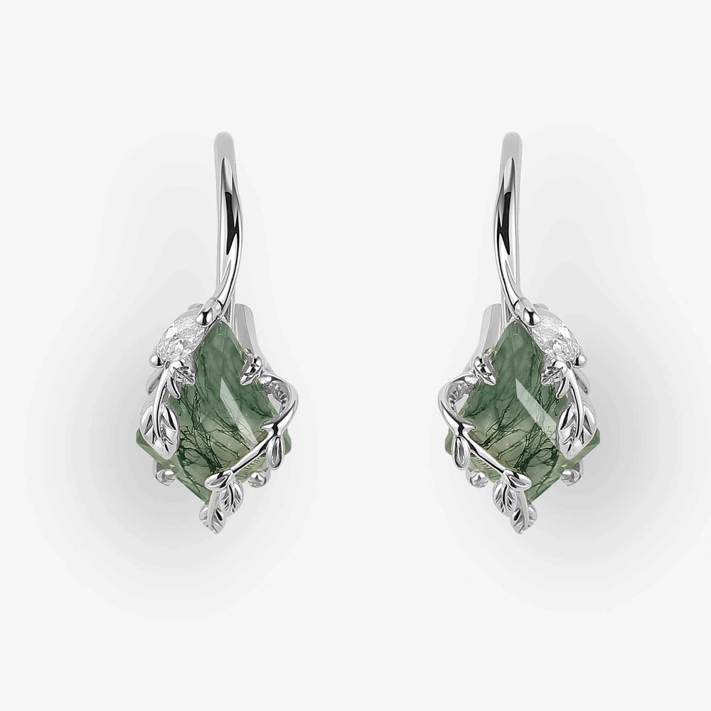 Unique Kite Cut Moss Agate Leafy Earrings Gift for Her