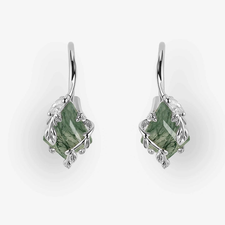 Unique Kite Cut Moss Agate Leafy Earrings Gift for Her