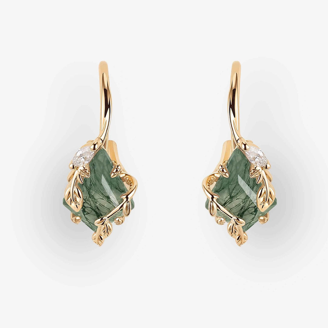 Unique Kite Cut Moss Agate Leafy Earrings Gift for Her