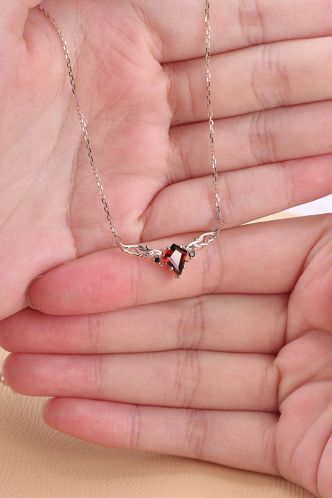 Kite Shaped Garnet Rose Gold Necklace Halloween Jewelry