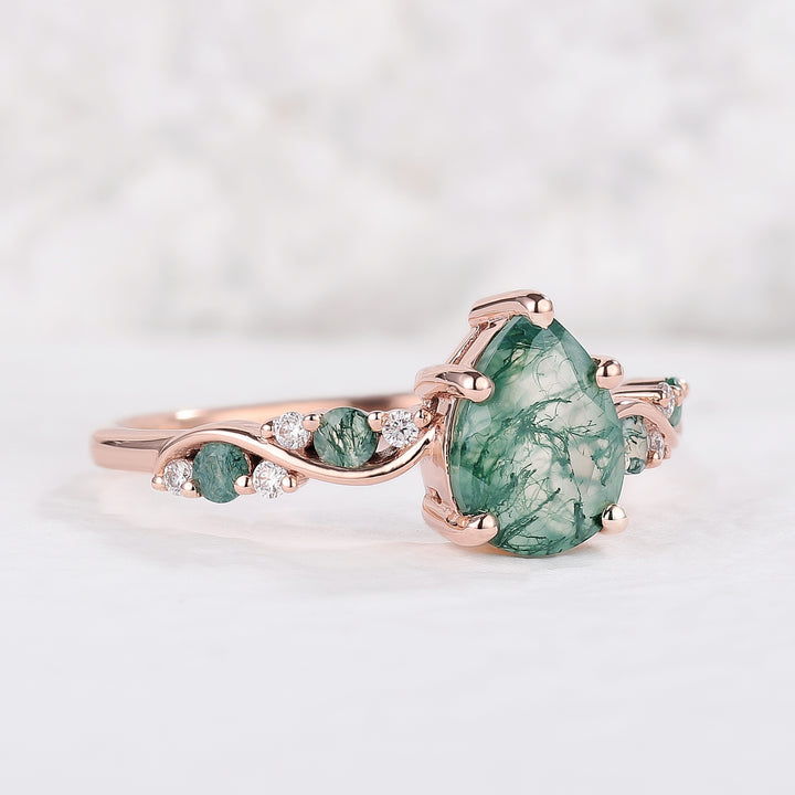 Nature Pear Shaped Moss Agate Vine Engagement Ring