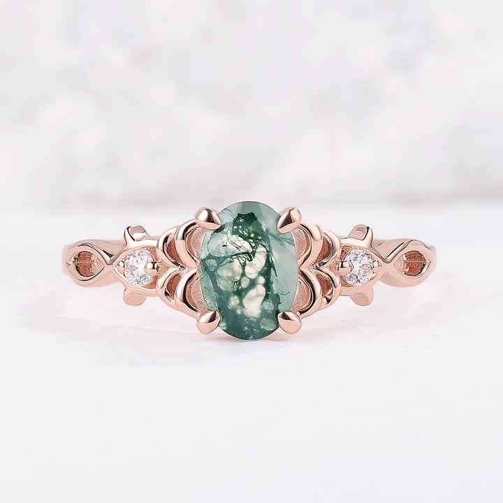 Nature Oval Cut Moss Agate Twig Engagement Ring