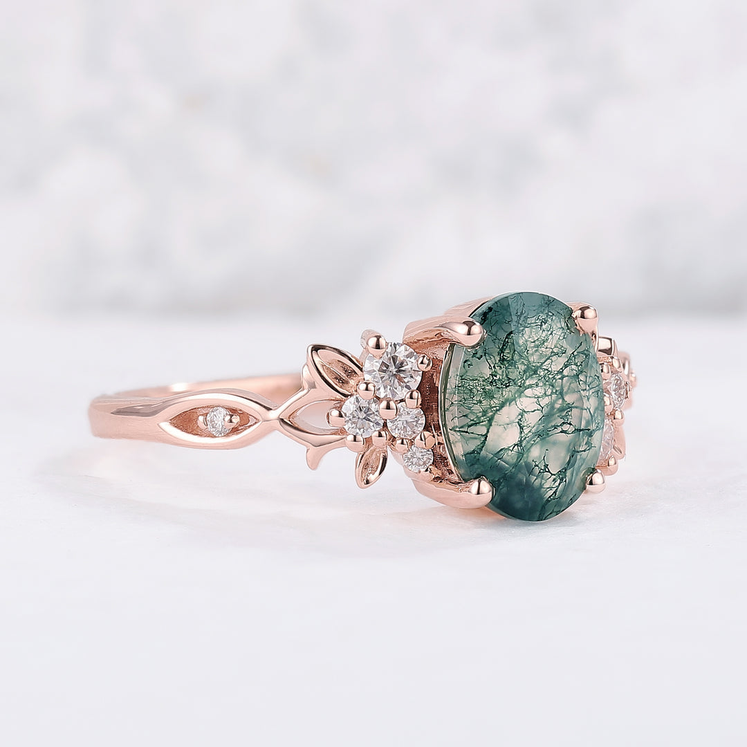 Nature Inspired Oval Cut Moss Agate Leaf Engagement Ring