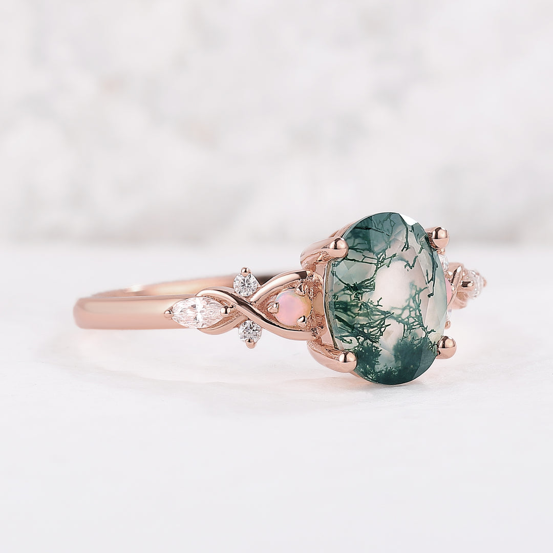 Nature Oval Shaped Moss Agate Vine Engagement Ring