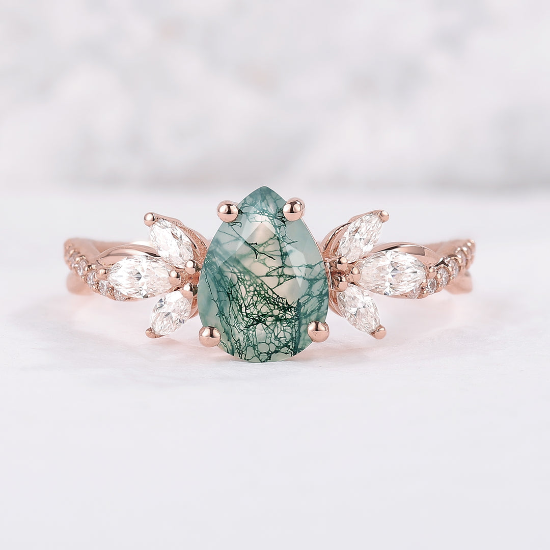 Unique Pear Shaped Moss Agate Vine Art Decor Bridal Ring