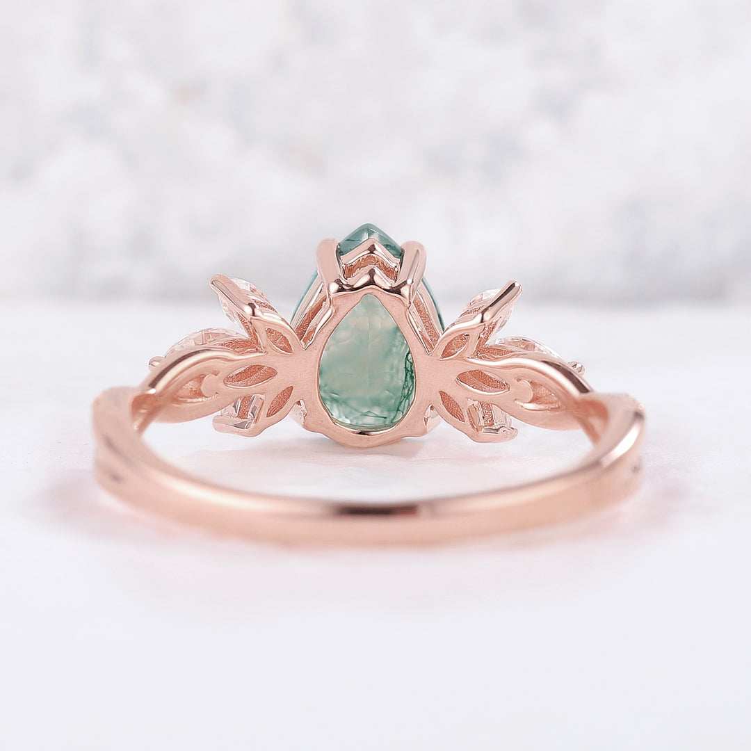 Unique Pear Shaped Moss Agate Vine Art Decor Bridal Ring