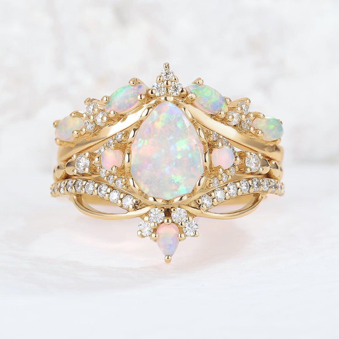 Nature Pear Shaped Opal Vine Handmade Ring Set 3pcs