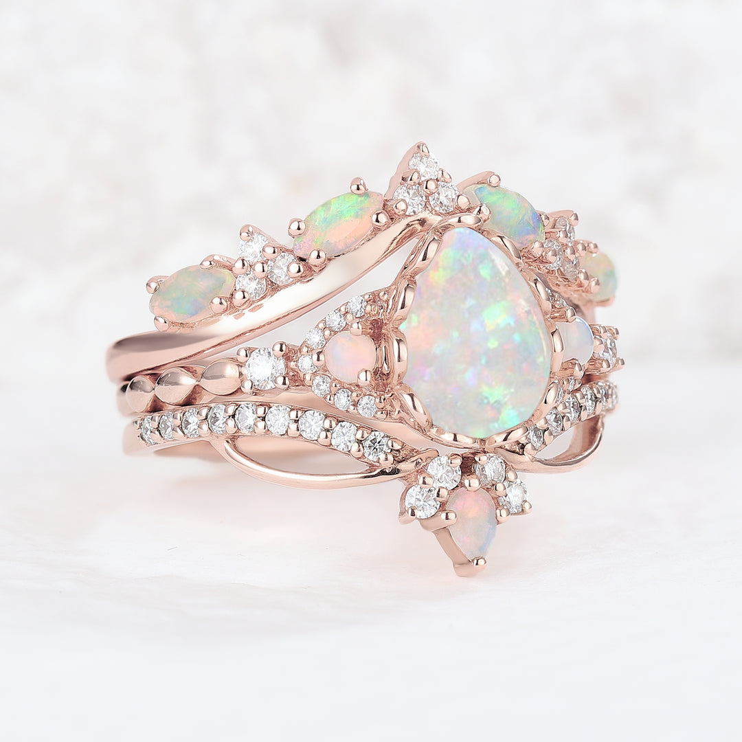 Nature Pear Shaped Opal Vine Handmade Ring Set 3pcs