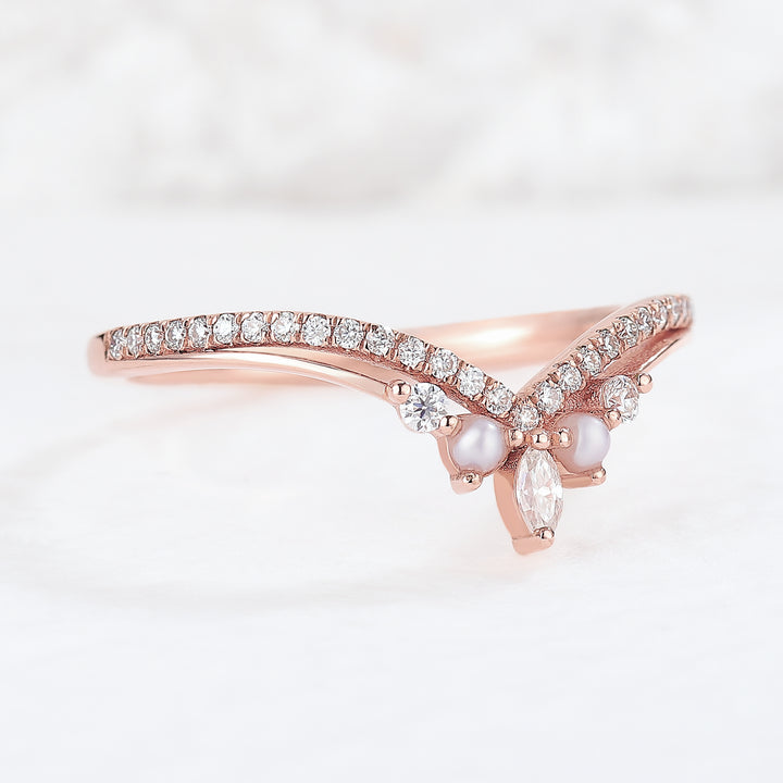 Chevron Moissanite and Pearl 14k Rose Gold Wedding Band