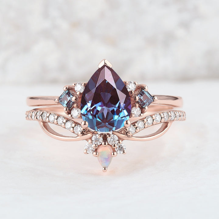 Unique Pear Cut Alexandrite Cluster Engagement Ring Set 2pcs