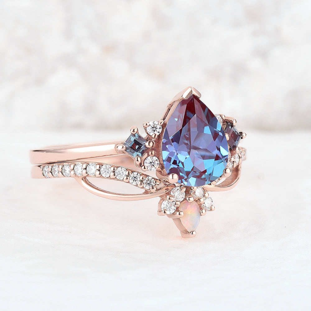 Unique Pear Cut Alexandrite Cluster Engagement Ring Set 2pcs