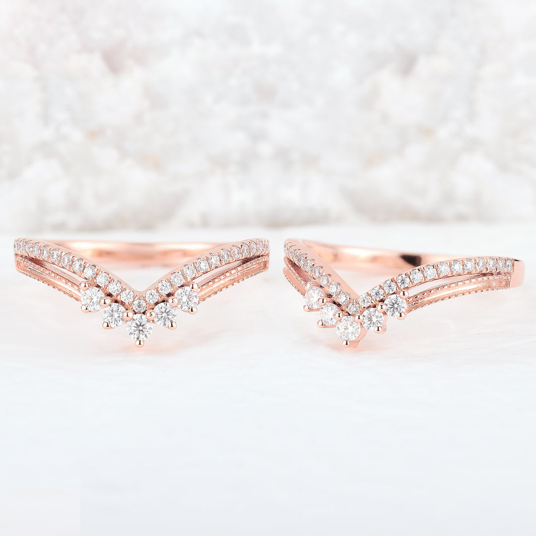 Chevron Round Cut Moissanite Silver Wedding Band - Iver Jewelry