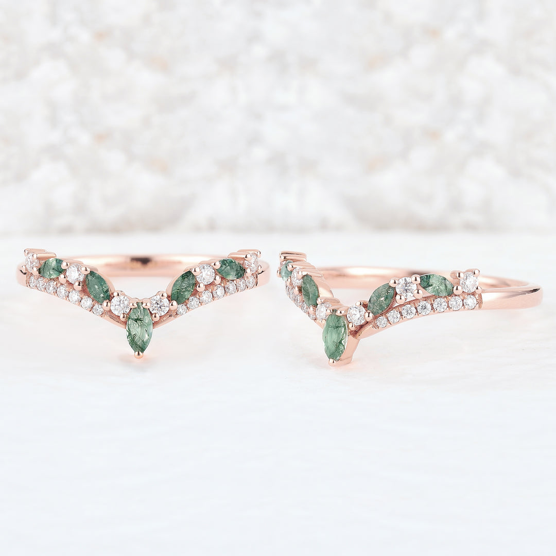 Chevron Marquise Cut Moss Agate Wedding Band Sterling Silver - Iver Jewelry