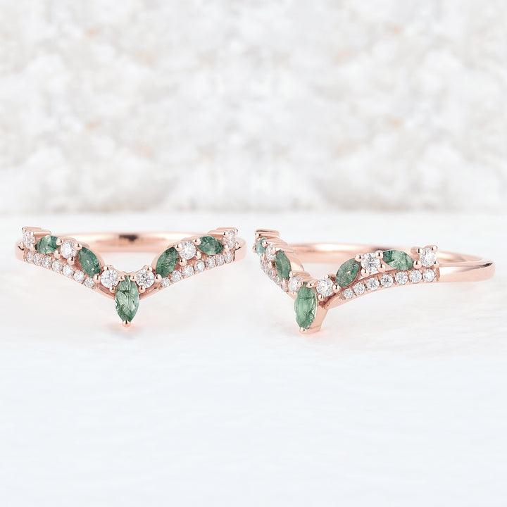 Chevron Marquise Cut Moss Agate Wedding Band Sterling Silver - Iver Jewelry