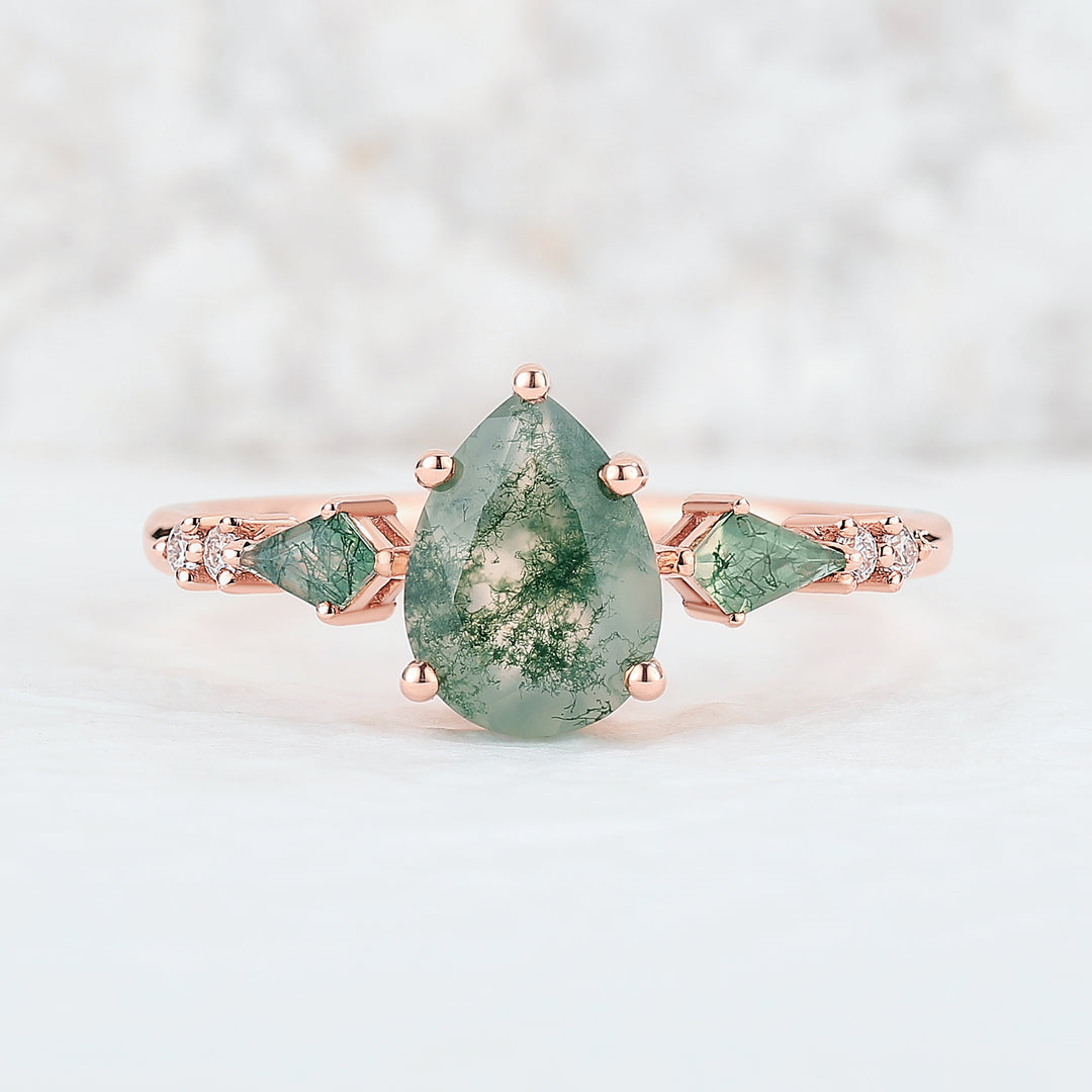 Unique Pear Cut Moss Agate Seven Stones Engagement Ring