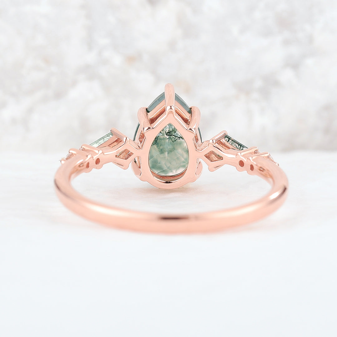 Unique Pear Cut Moss Agate Seven Stones Engagement Ring