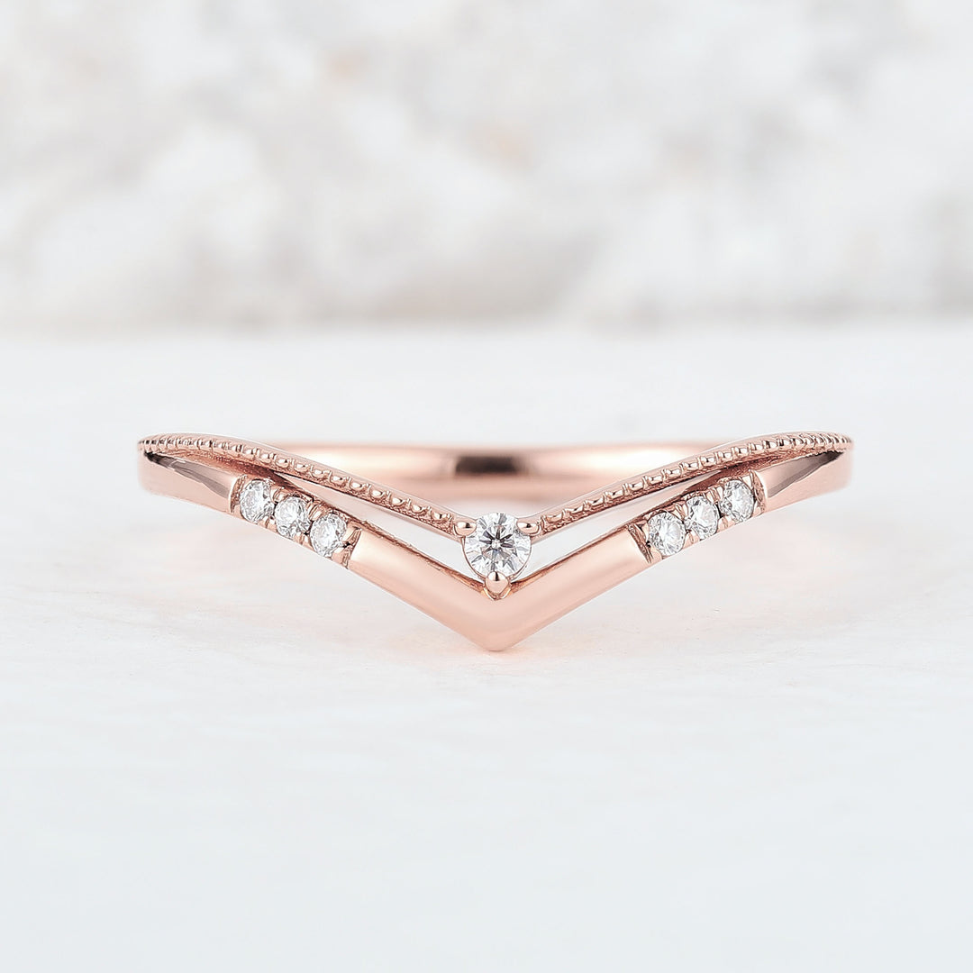 Chevron Round Moissanite 14k Rose Gold Wedding Band