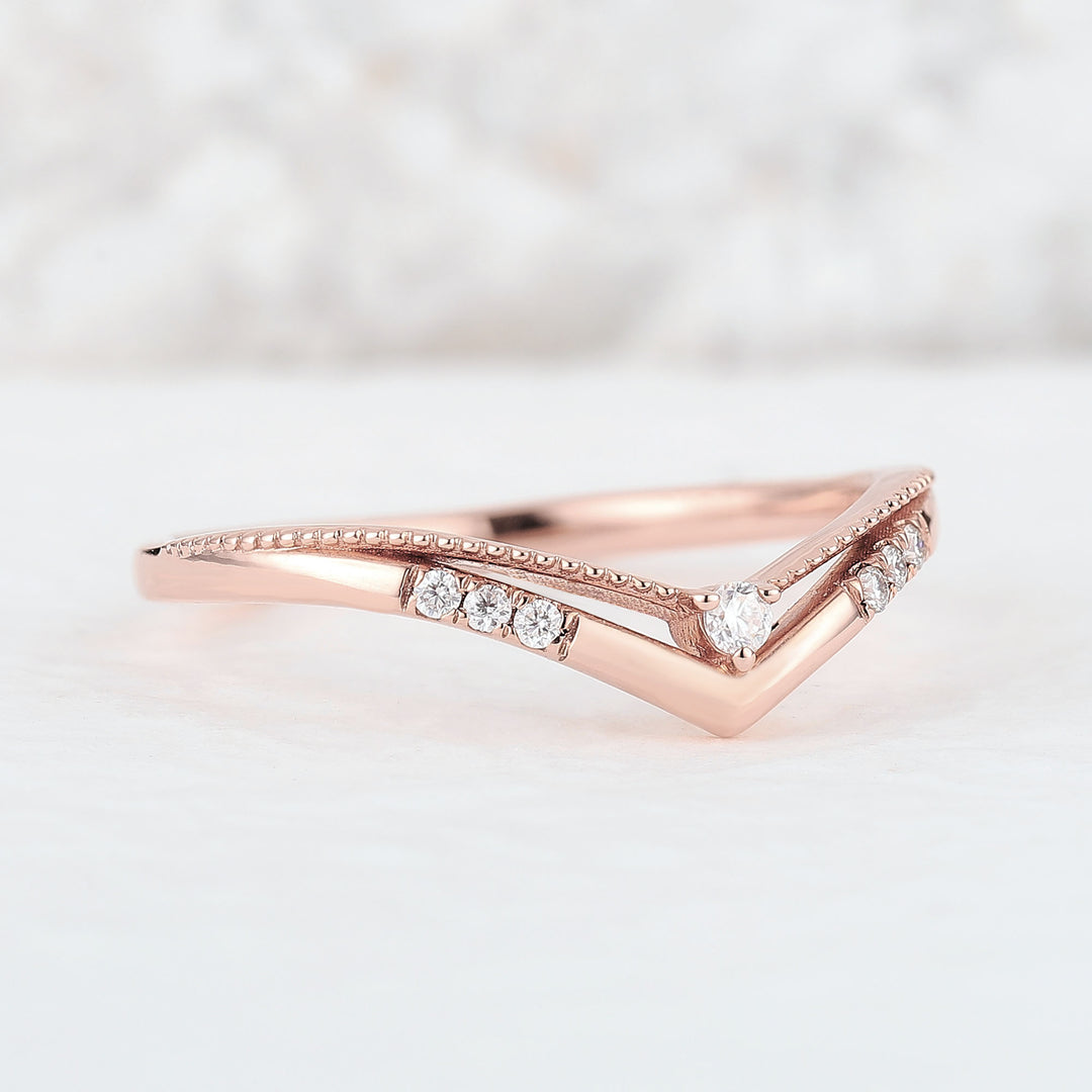 Chevron Round Moissanite 14k Rose Gold Wedding Band