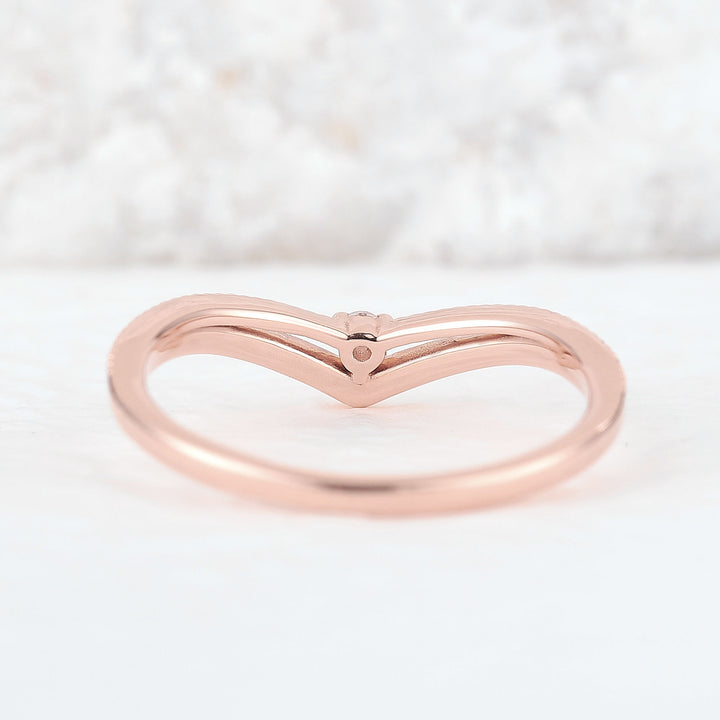 Chevron Round Moissanite 14k Rose Gold Wedding Band