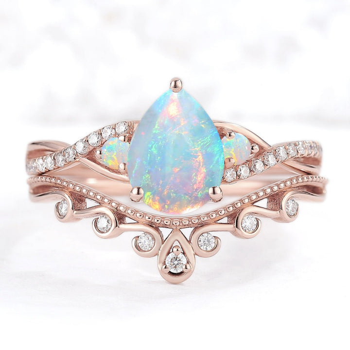 Nature Pear Shaped Opal Vine Engagement ring set 2pcs