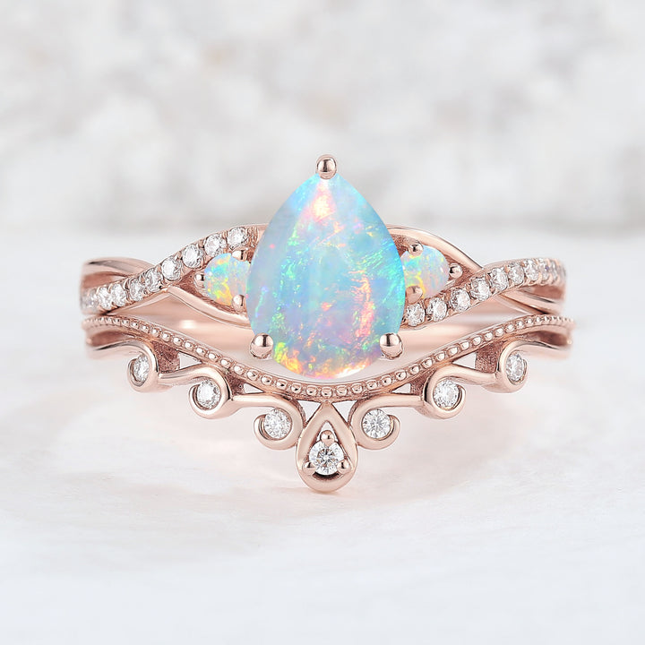 Nature Pear Shaped Opal Vine Engagement ring set 2pcs