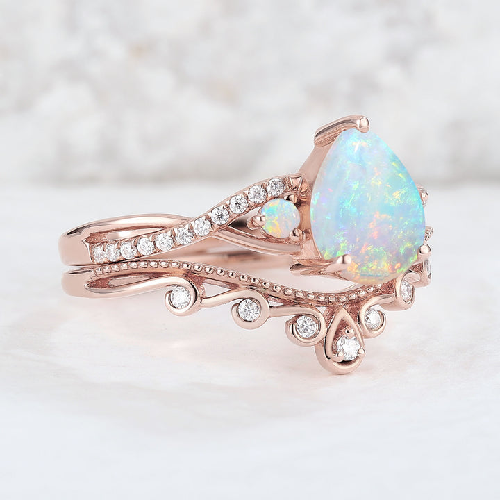 Nature Pear Shaped Opal Vine Engagement ring set 2pcs