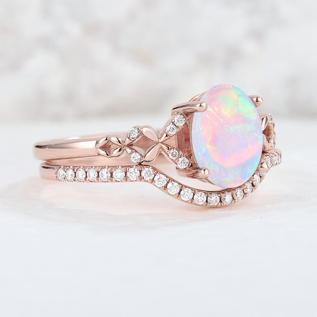 Nature Inspired Oval Shaped Opal Handmade Ring Set 2pcs