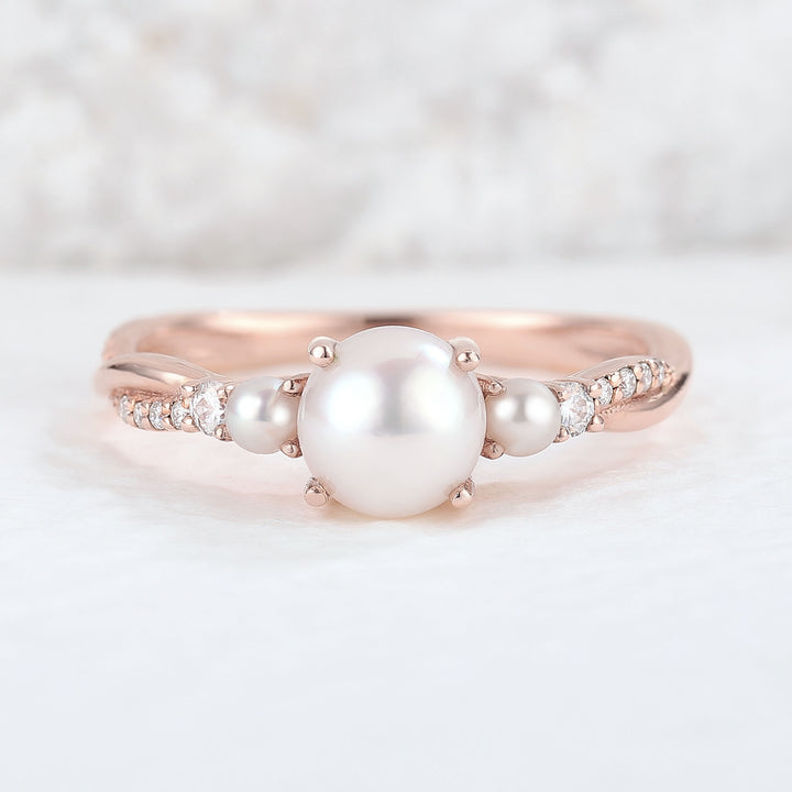 Nature Round Pearl Twisted Engagement Ring