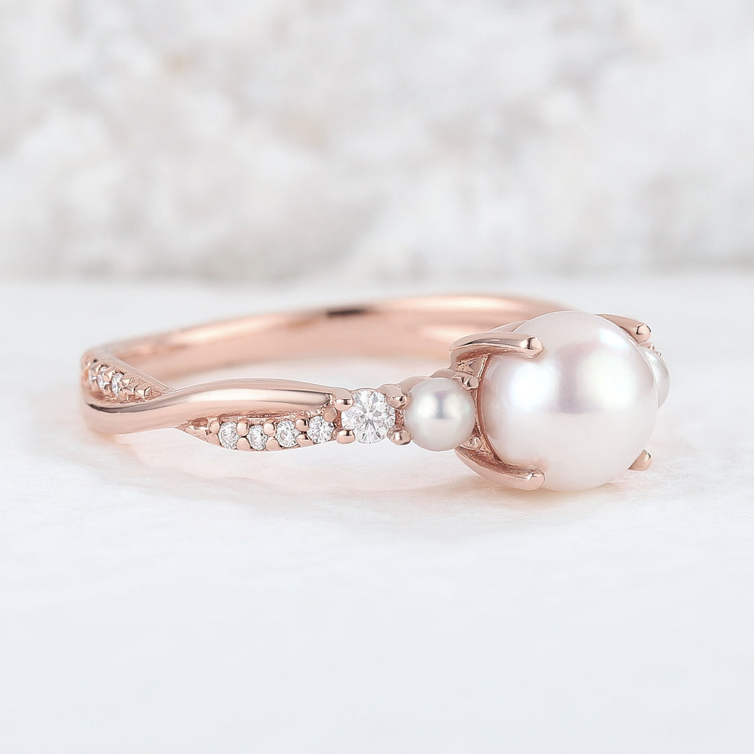 Nature Round Pearl Twisted Engagement Ring