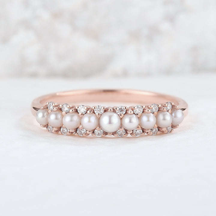 Unique Pearl 14k Rose Gold Wedding Band Ring