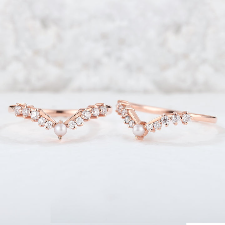 Chevron Round Pearl Moissanite Silver Wedding Band - Iver Jewelry