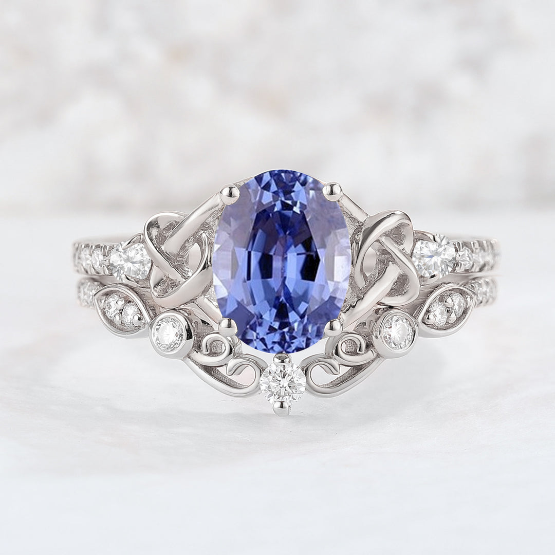 Nature Oval Shaped Sapphire Vine Engagement Ring Set 2pcs