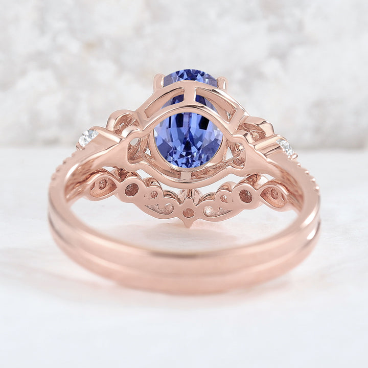 Nature Oval Shaped Sapphire Vine Engagement Ring Set 2pcs