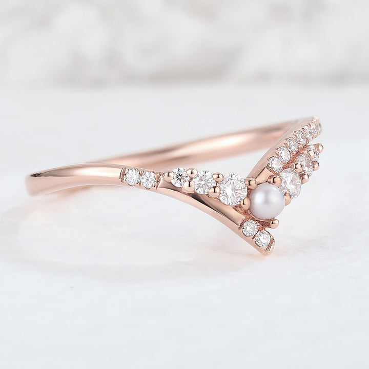 Chevron Moissanite and Pearl 14k Rose Gold Wedding Band