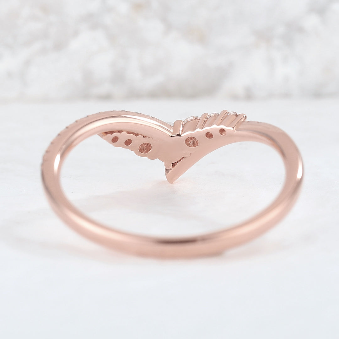 Chevron Moissanite and Pearl 14k Rose Gold Wedding Band